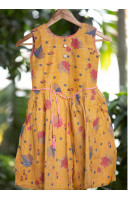 All Over Leaf Printed Yellow Rayon Cotton Kids Dress (KR1198)